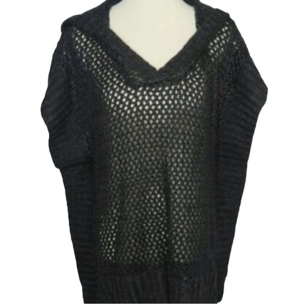 Mystree Womens Poncho Pullover Sweater Black Chunky Knit Hooded Acrylic Size M/L